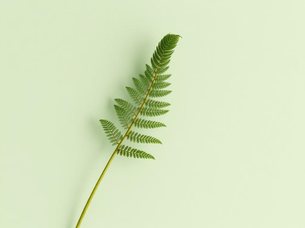 A single fern frond against a soft sage background