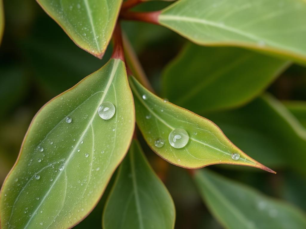 Close-up of fresh eucalyptus leaves with morning dew