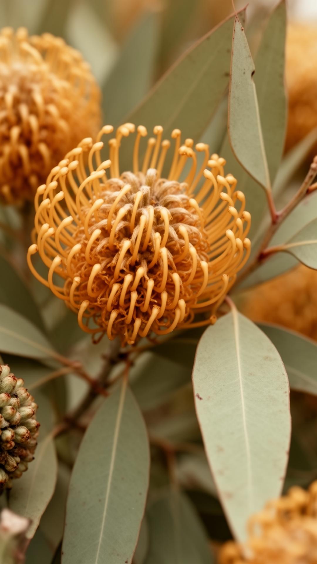Close-up of Australian native banksia and eucalyptus textures