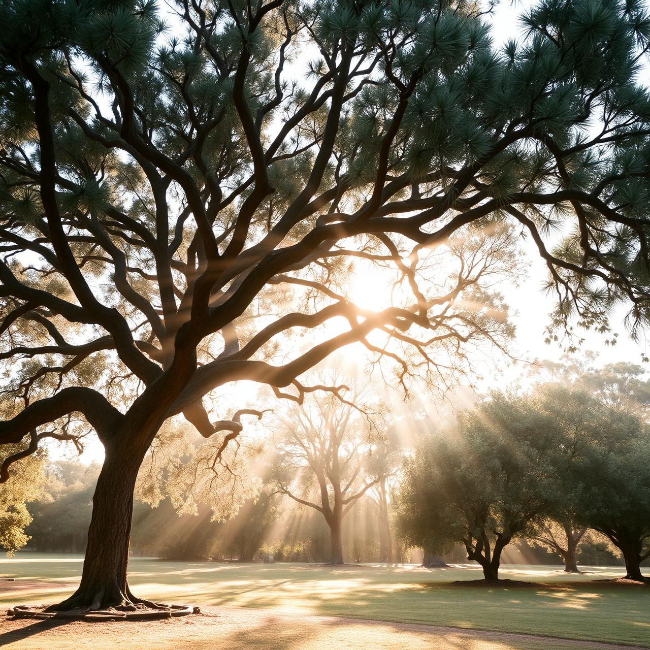 Soft warm light through eucalyptus tree canopy representing steady, grounded support