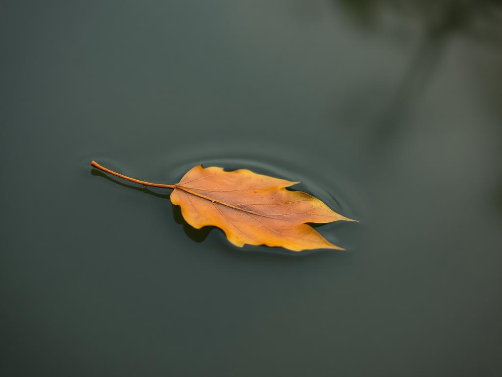 A single autumnal leaf resting on still water