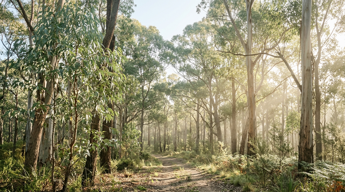 Tranquil Australian eucalyptus woodland with soft morning light