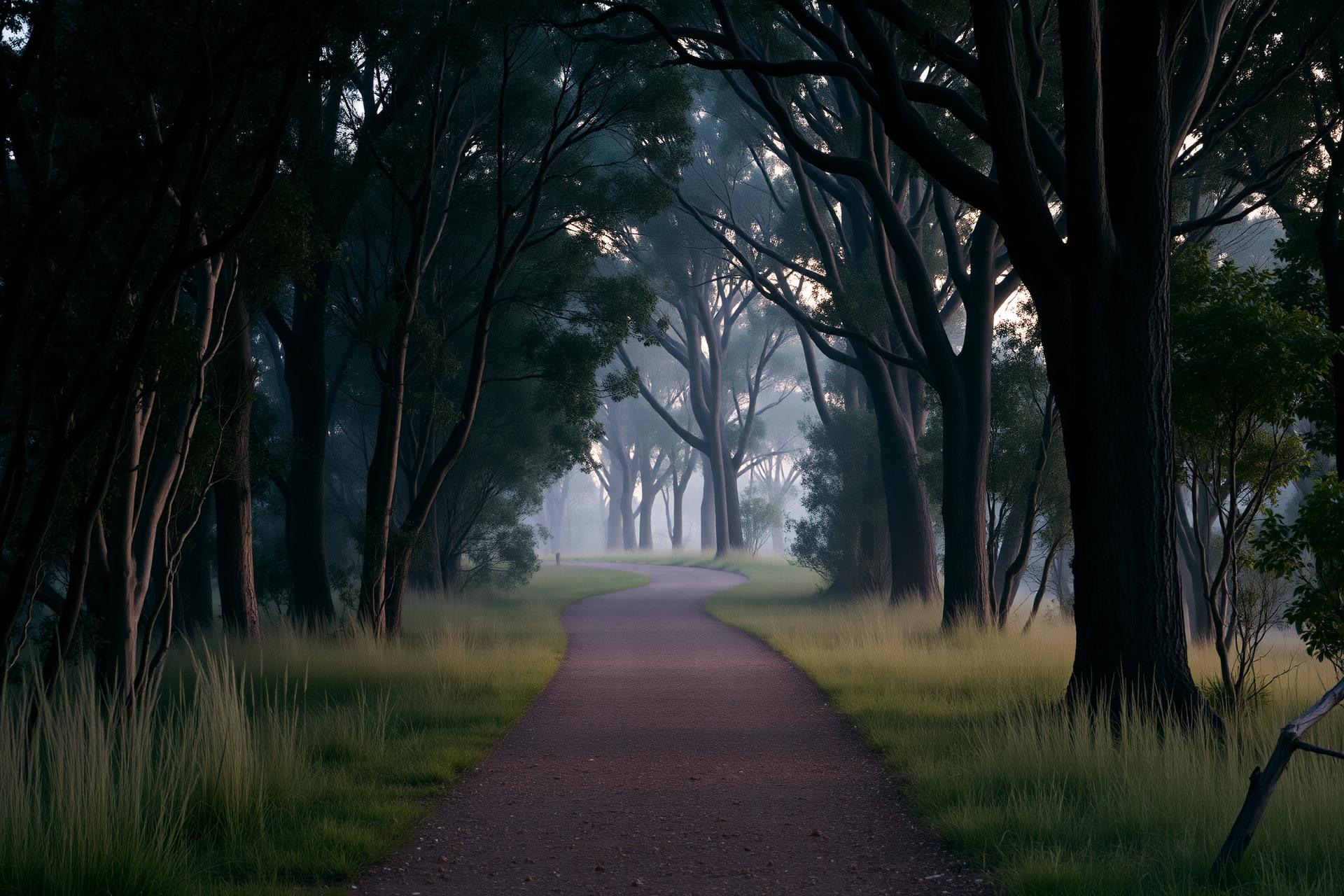 Quiet shaded bushland pathway through soft mist representing calm, grounded support