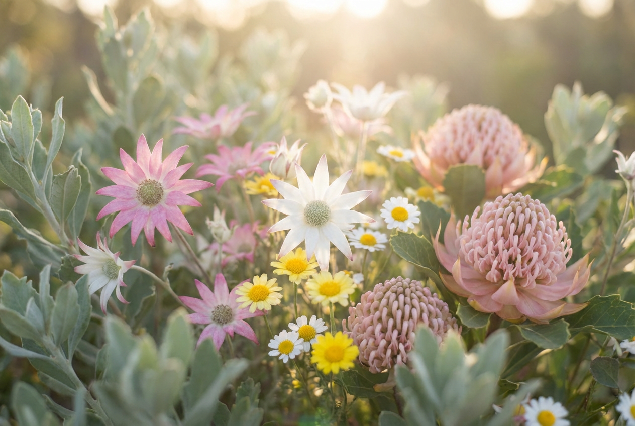 Soft Australian native wildflowers representing calm, growth, and confidence