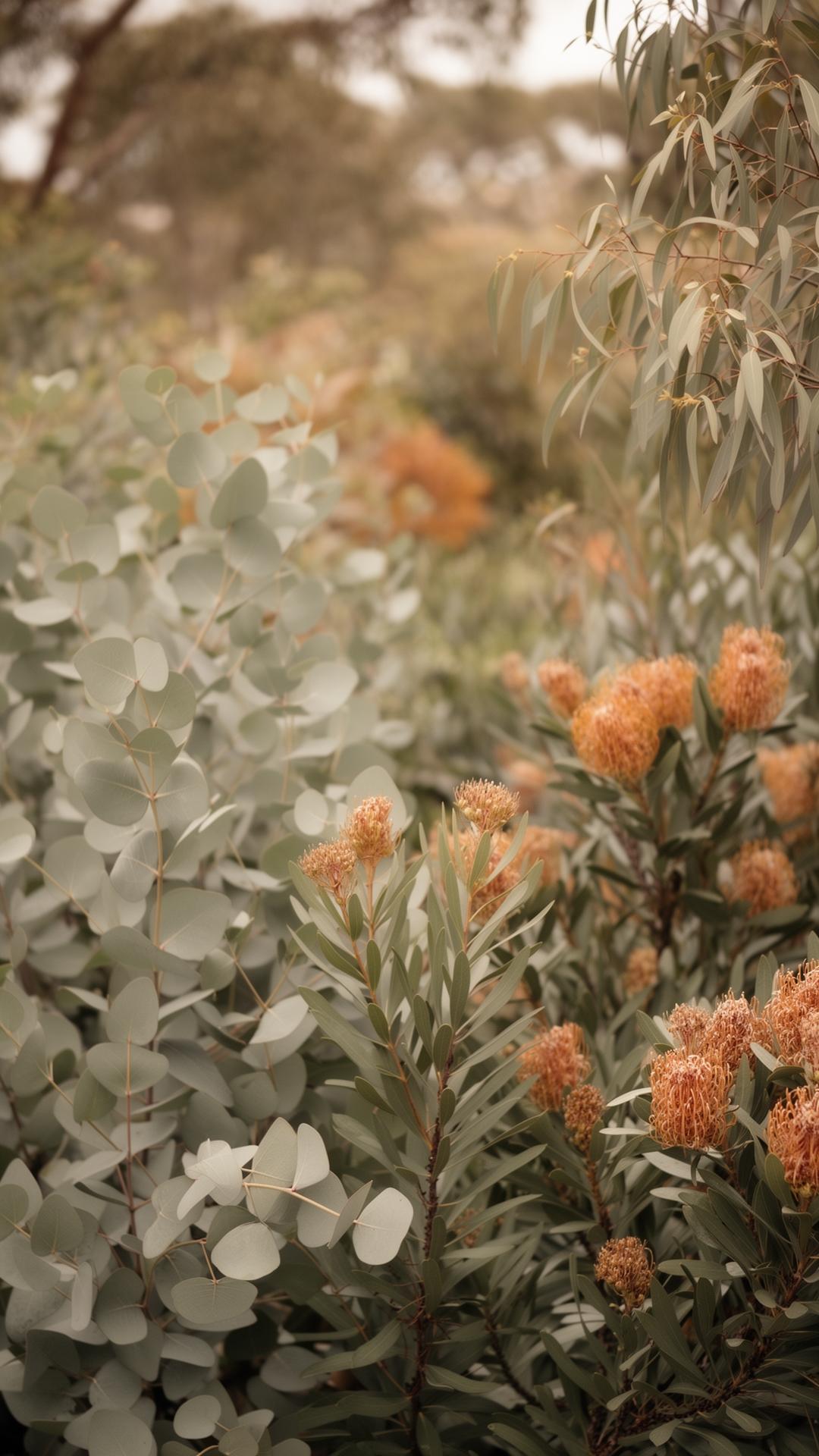 Soft Australian native garden with eucalyptus and banksia tones