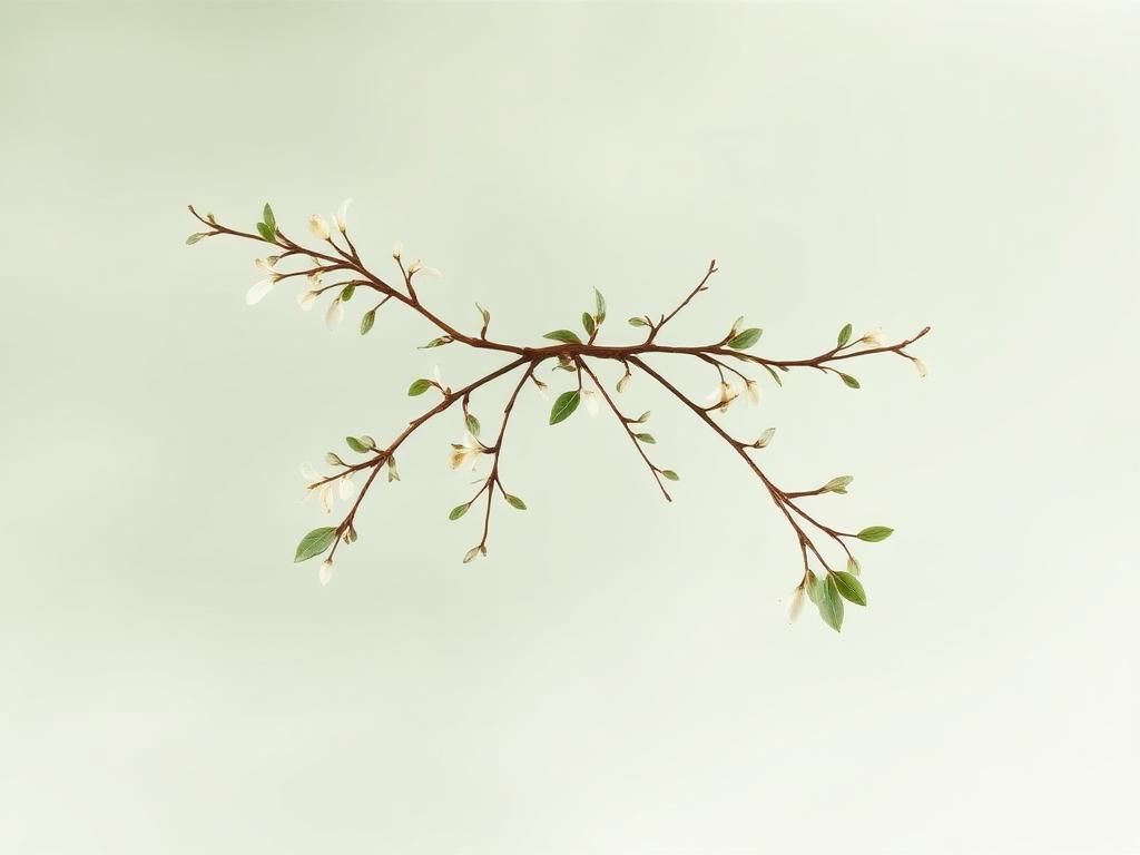 Two intertwined botanical branches with delicate leaves