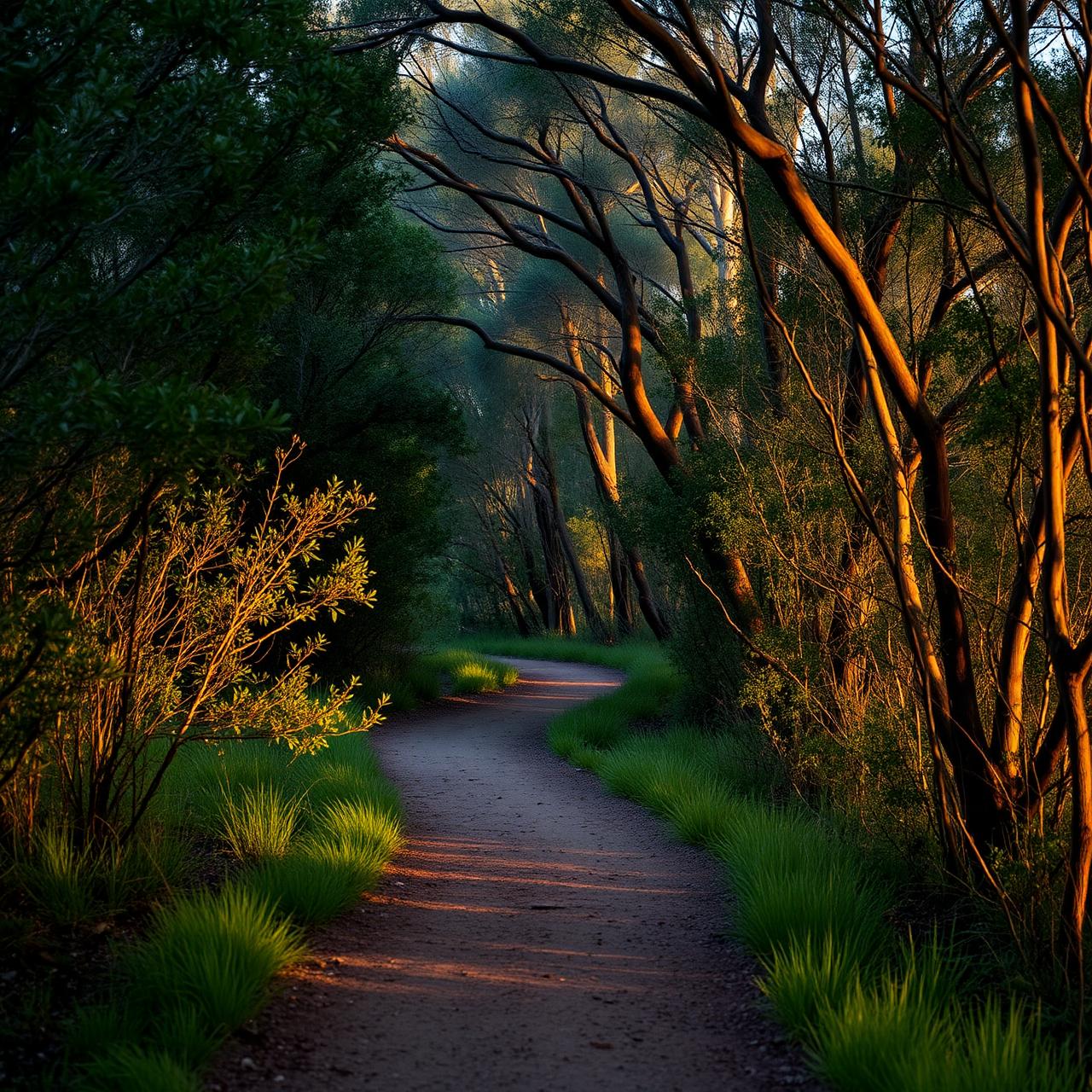 Quiet bushland walking path in late afternoon light