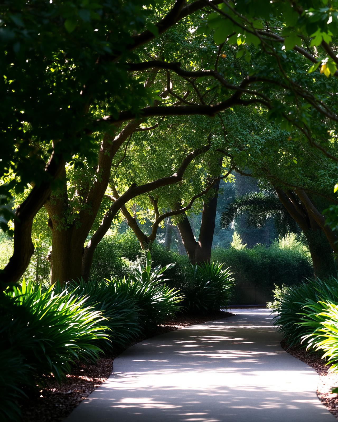 Quiet leafy pathway with filtered morning light