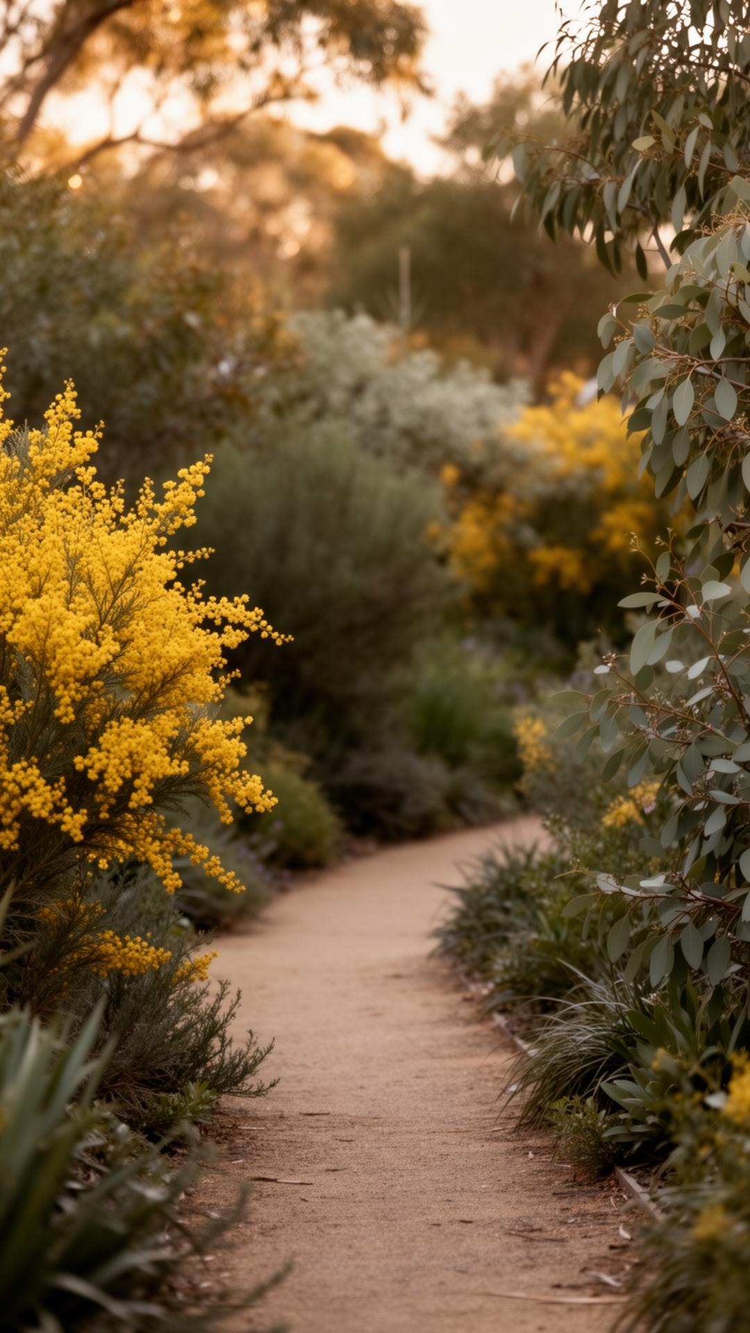 Quiet Australian native garden pathway with subtle wattle gold accents