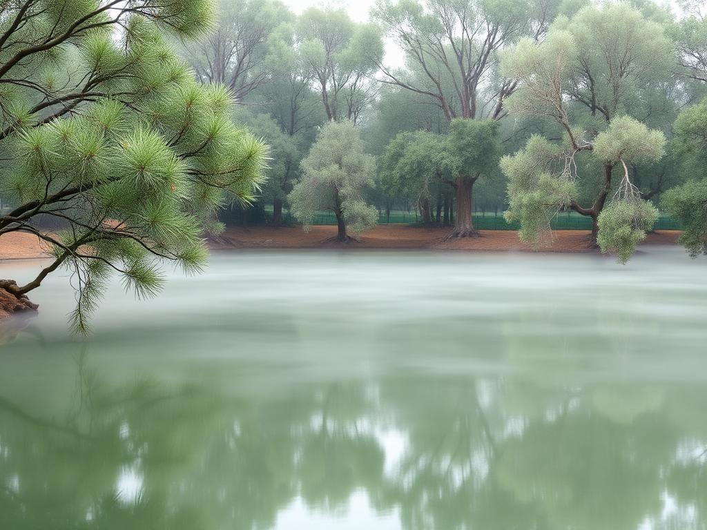 Mist drifting over a still pond surrounded by eucalyptus