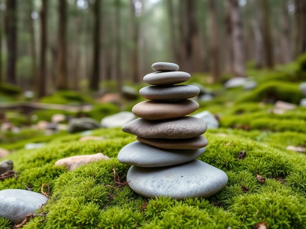Stacked smooth river stones on moss in a forest