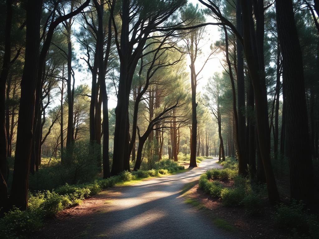 A forest pathway opening into soft sunlight
