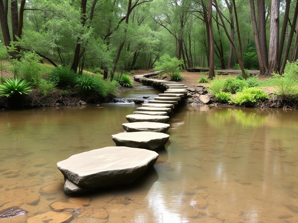 Stepping stones across a calm forest stream
