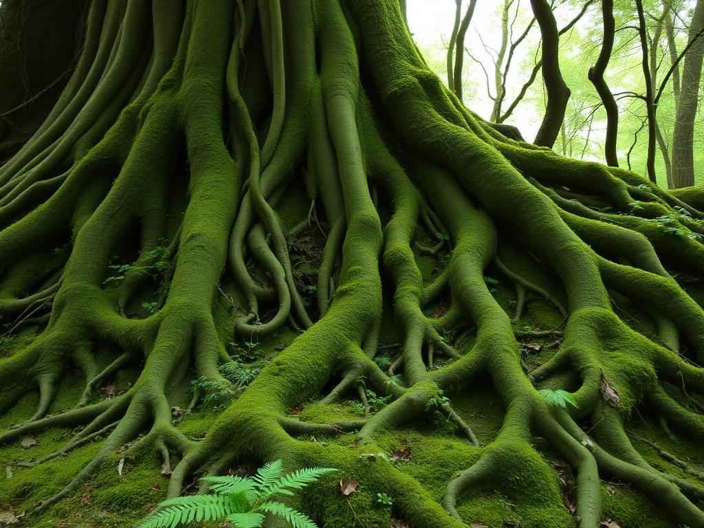 Ancient mossy tree roots interwoven with ferns