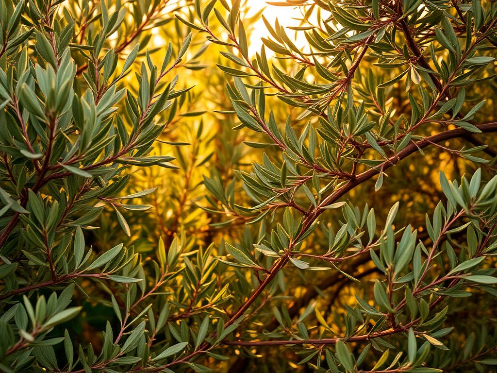 Warm Mediterranean botanical scene with olive leaves in golden light